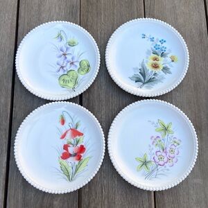 Vintage Westmoreland Hand Painted Floral Hobnail Milk Glass Decorative Plates